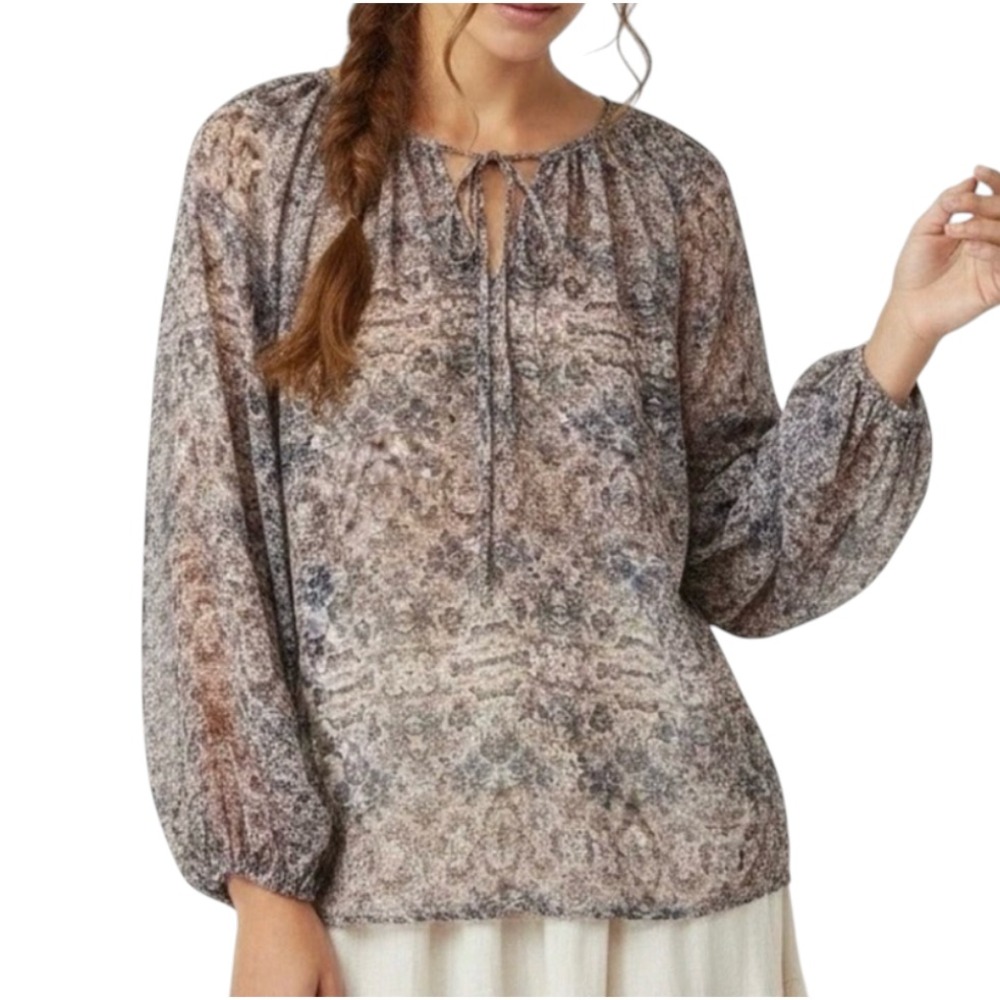 CABI 5028 Sienna Peasant Blouse Top CHIFFON FLORAL Beige/Multi Tie Neck SIZE S